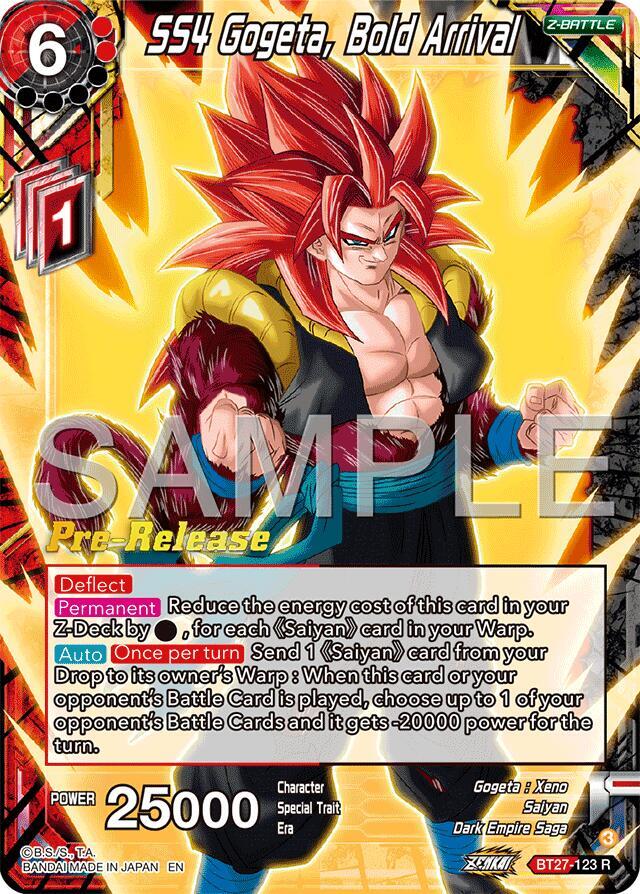 SS4 Gogeta, Bold Arrival BT27-123 card from History of Z Pre-Release Cards