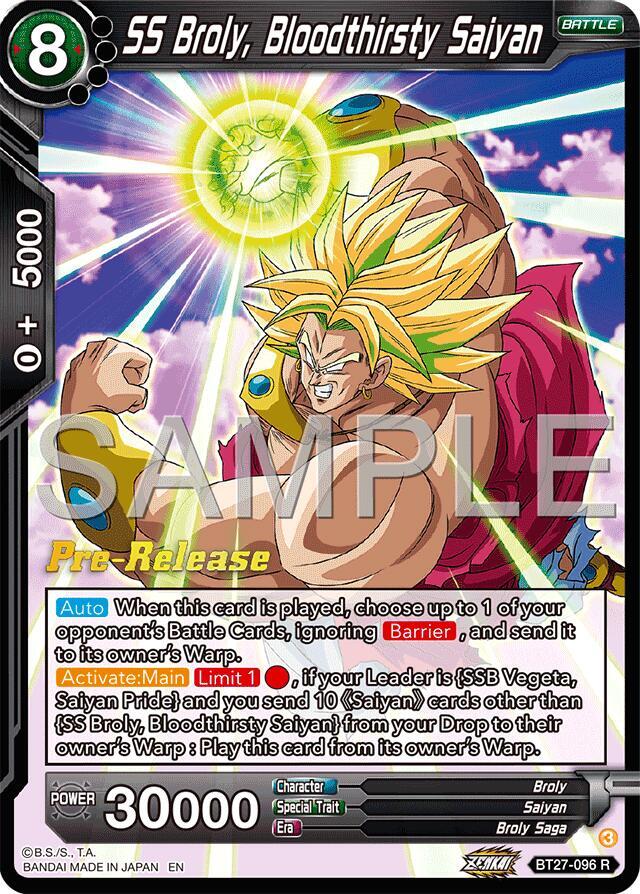 SS Broly, Bloodthirsty Saiyan BT27-096 card from History of Z Pre-Release Cards