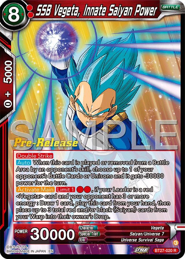 SSB Vegeta, Innate Saiyan Power BT27-020 card from History of Z Pre-Release Cards