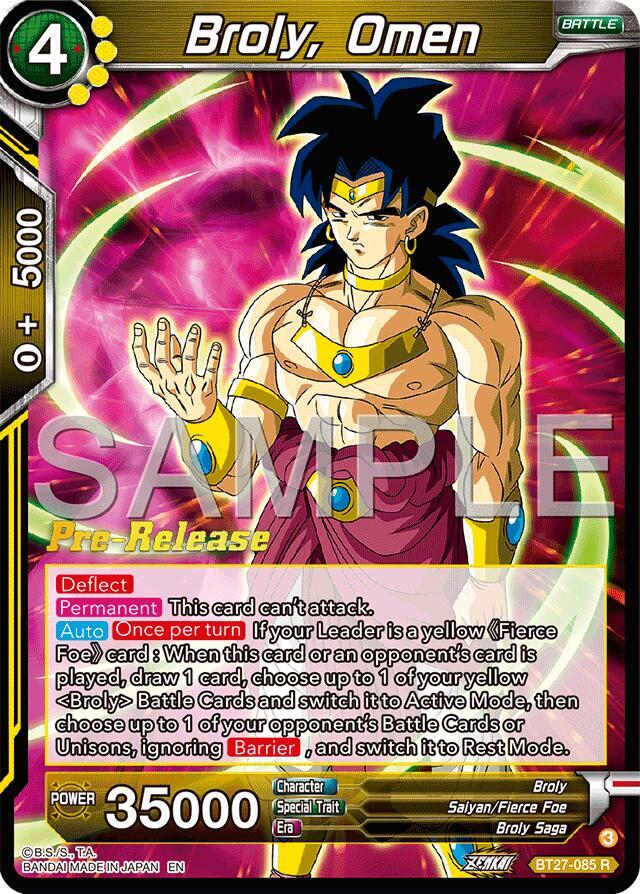 Broly, Omen BT27-085 card from History of Z Pre-Release Cards