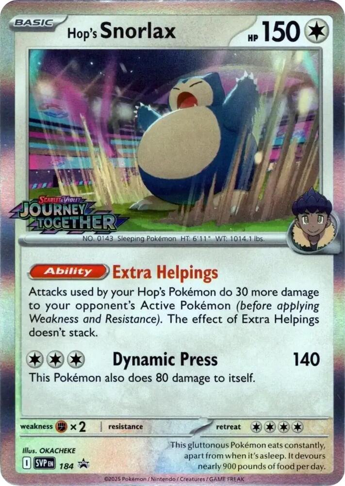 Hop's Snorlax (Prerelease) 184 card from SV: Scarlet & Violet Promo Cards