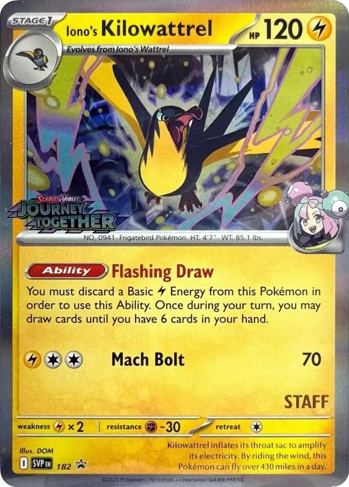 Iono's Kilowattrel (Prerelease) [Staff] 182 card from SV: Scarlet & Violet Promo Cards