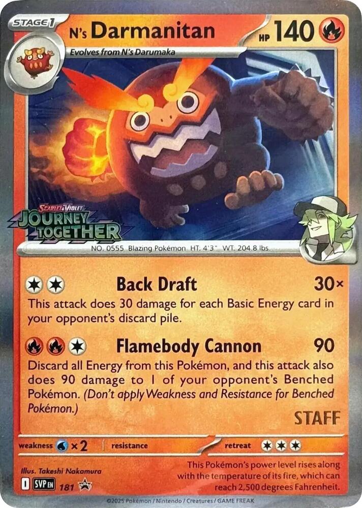 N's Darmanitan (Prerelease) [Staff] 181 card from SV: Scarlet & Violet Promo Cards