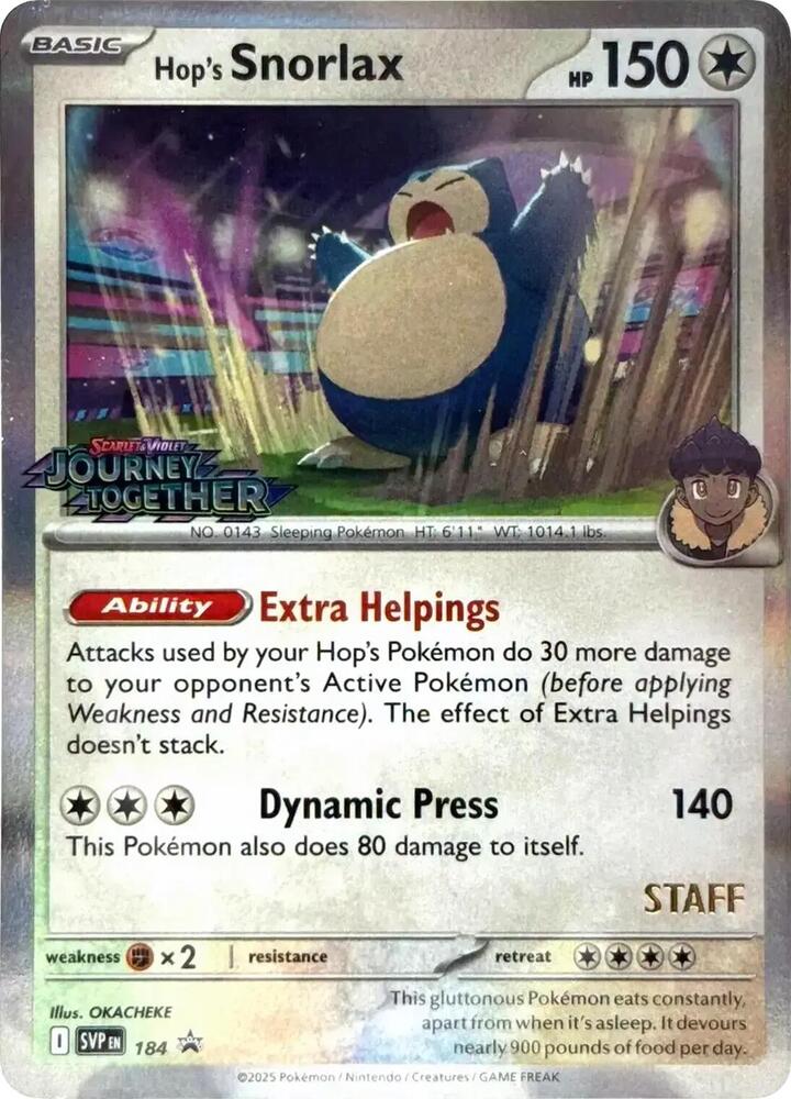 Hop's Snorlax (Prerelease) [Staff] 184 card from SV: Scarlet & Violet Promo Cards