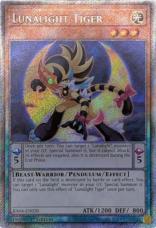 Lunalight Tiger (Platinum Secret Rare) RA04-EN020 card from Quarter Century Stampede
