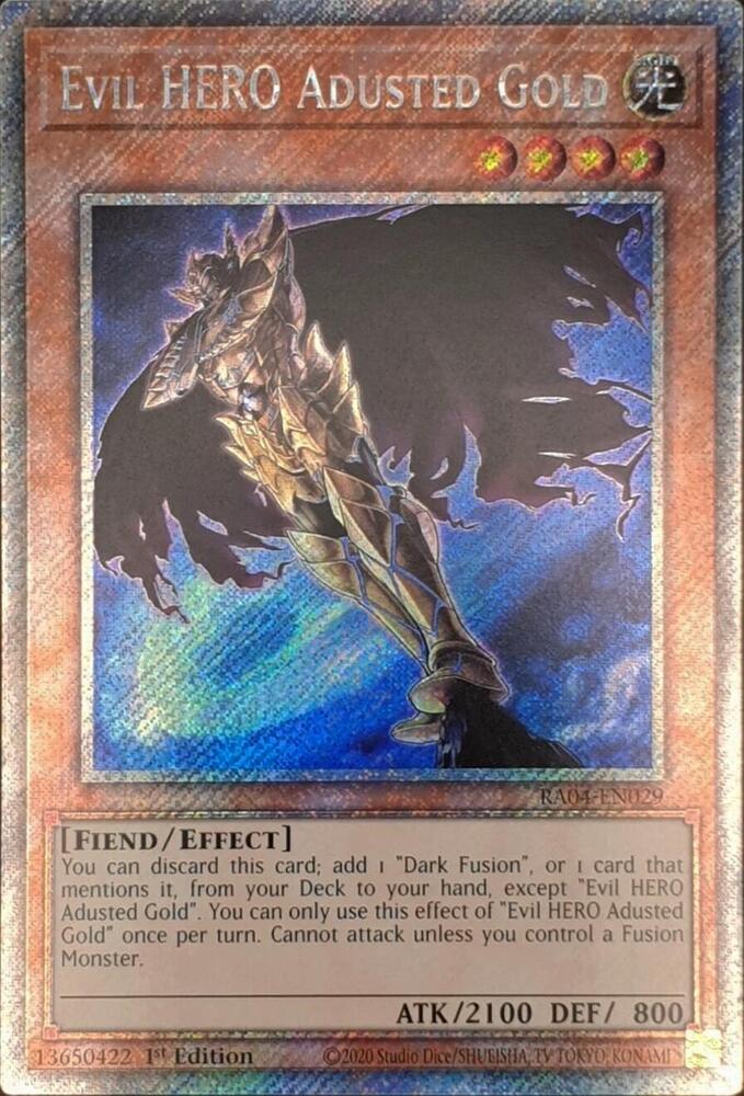 Evil HERO Adusted Gold (Platinum Secret Rare) RA04-EN029 card from Quarter Century Stampede