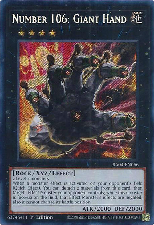 Number 106: Giant Hand (Secret Rare) RA04-EN066 card from Quarter Century Stampede