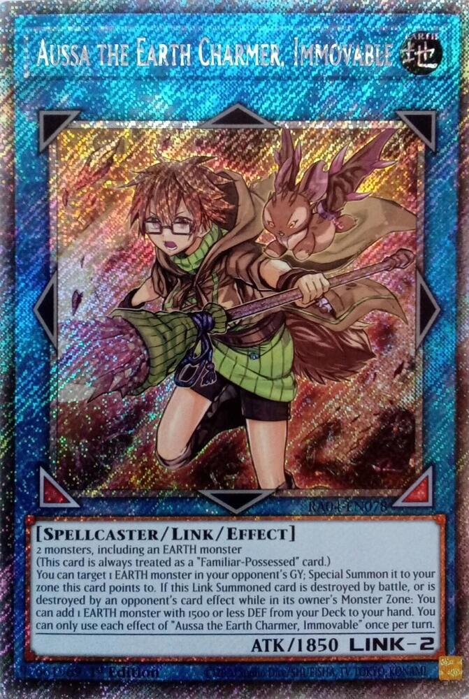 Aussa the Earth Charmer, Immovable (Platinum Secret Rare) RA04-EN078 card from Quarter Century Stampede