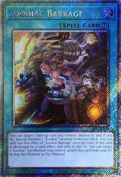 Zoodiac Barrage (Platinum Secret Rare) RA04-EN091 card from Quarter Century Stampede
