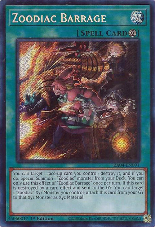 Zoodiac Barrage (Secret Rare) RA04-EN091 card from Quarter Century Stampede