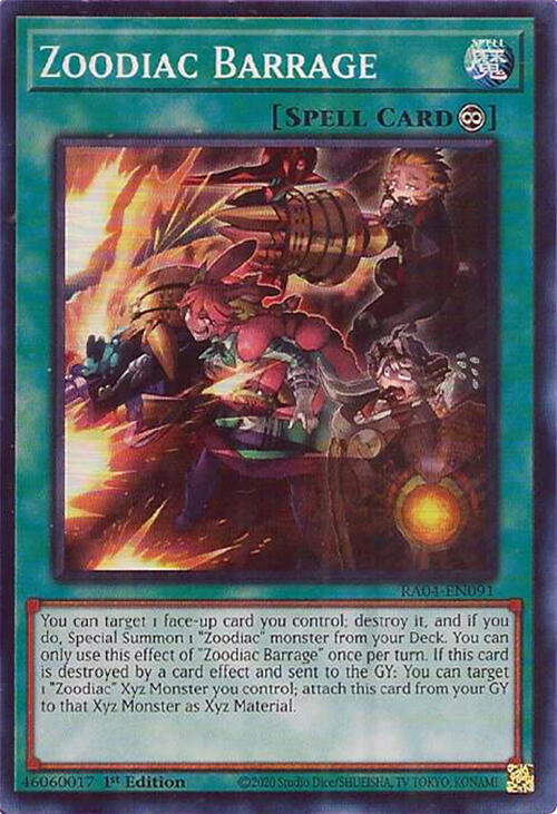 Zoodiac Barrage RA04-EN091 card from Quarter Century Stampede