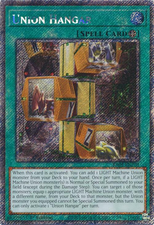 Union Hangar (Platinum Secret Rare) RA04-EN270 card from Quarter Century Stampede
