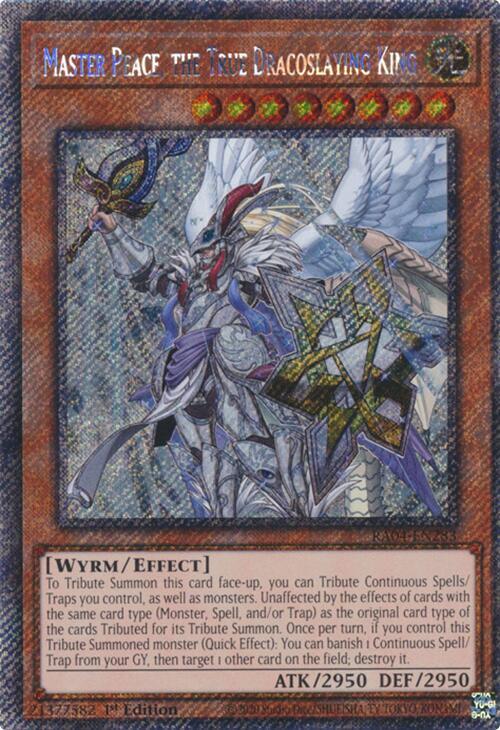 Master Peace, the True Dracoslaying King (Platinum Secret Rare) RA04-EN283 card from Quarter Century Stampede