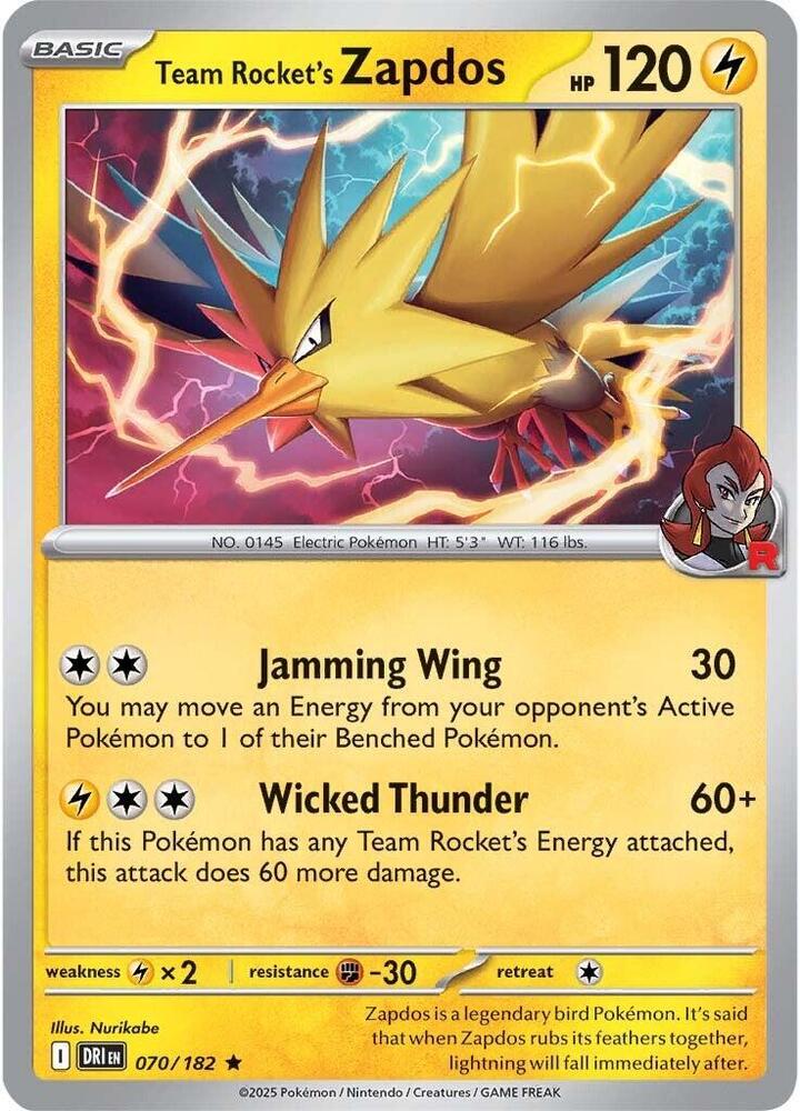 Team Rocket's Zapdos 070/182 card from SV10: Destined Rivals