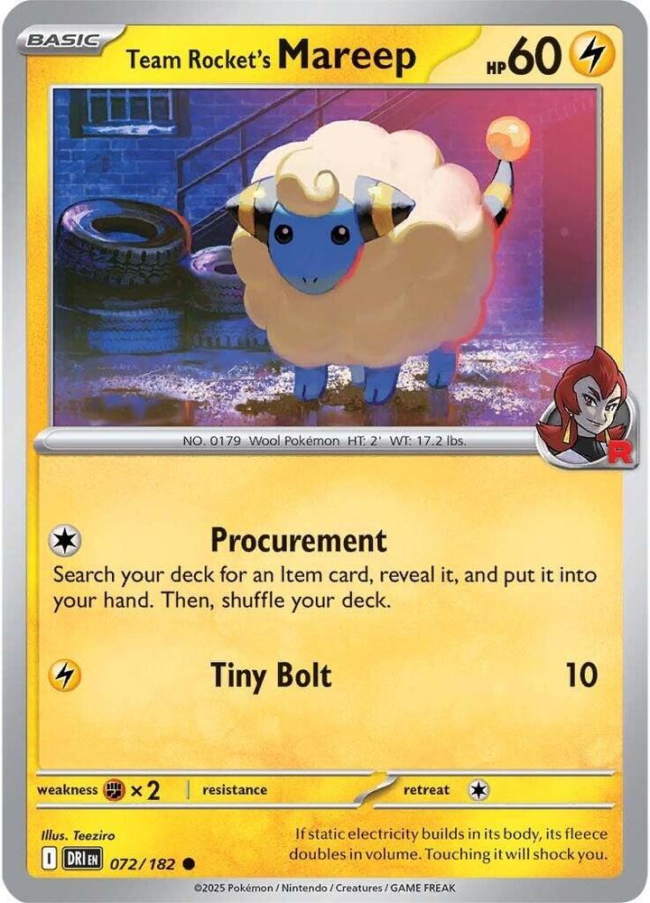 Team Rocket's Mareep 072/182 card from SV10: Destined Rivals