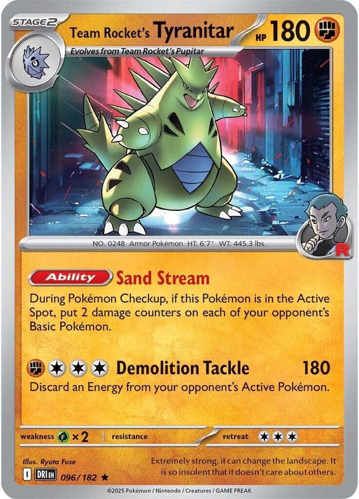 Team Rocket's Tyranitar 096/182 card from SV10: Destined Rivals