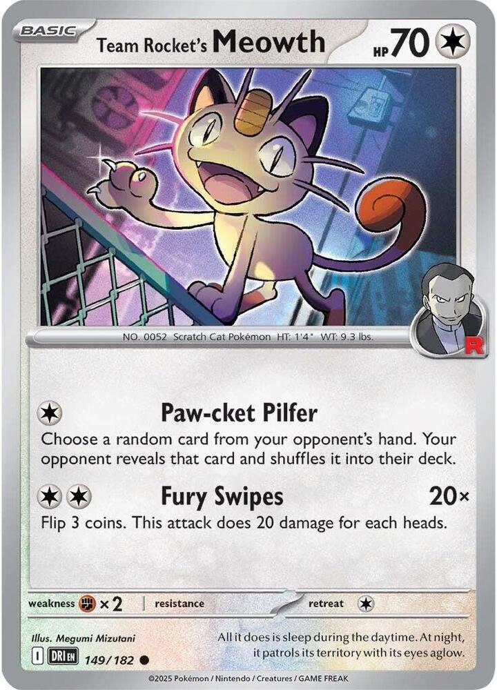 Team Rocket's Meowth 149/182 card from SV10: Destined Rivals