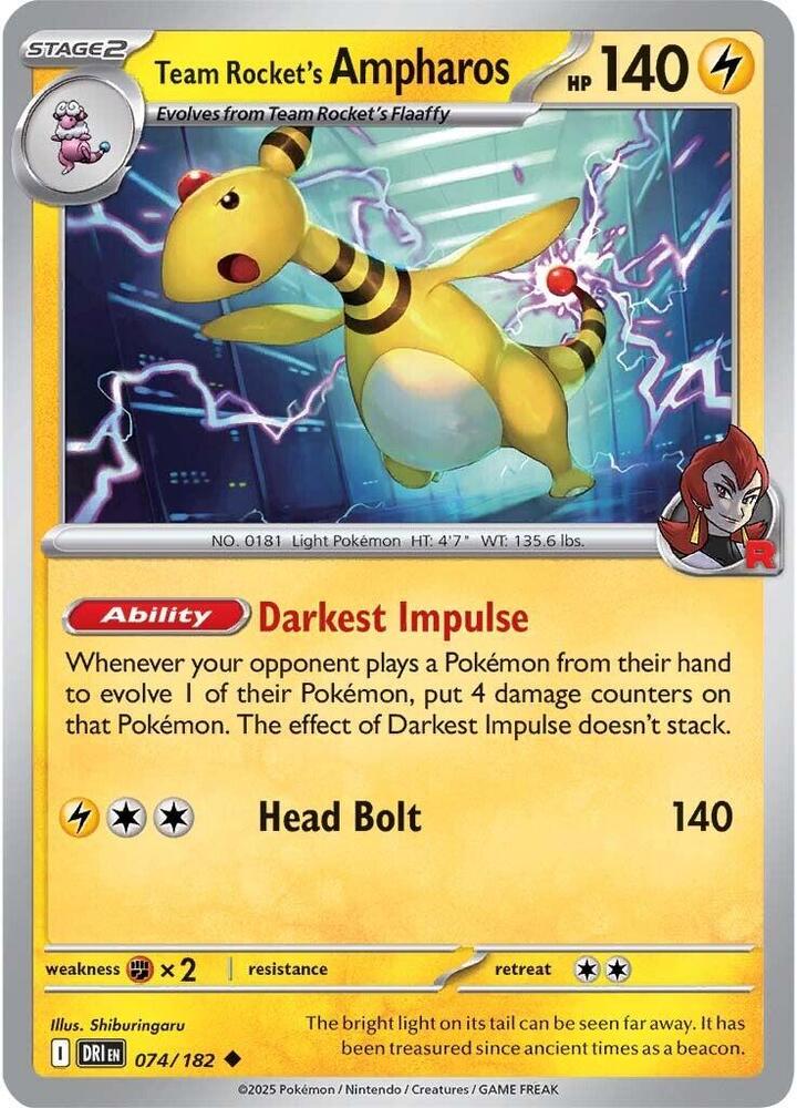 Team Rocket's Ampharos 074/182 card from SV10: Destined Rivals
