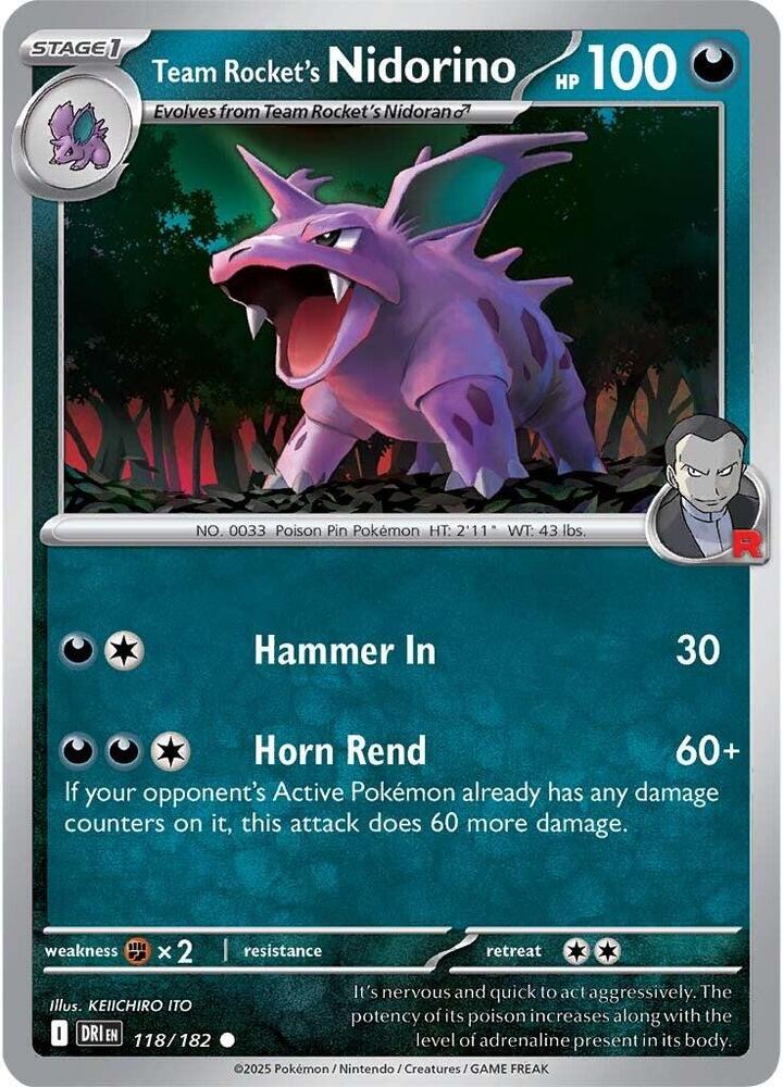 Team Rocket's Nidorino 118/182 card from SV10: Destined Rivals