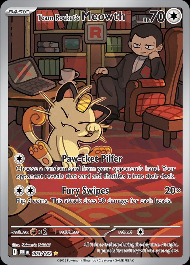 Team Rocket's Meowth 203/182 card from SV10: Destined Rivals