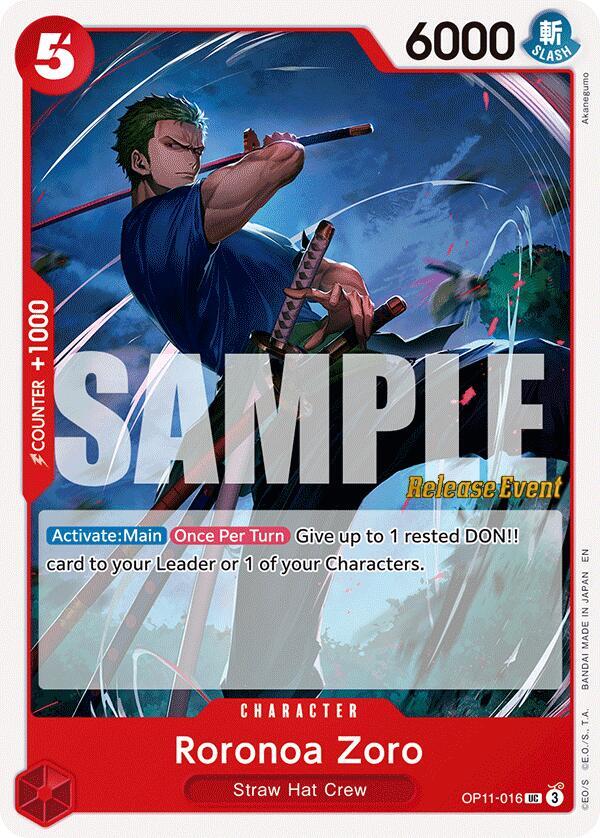 Roronoa Zoro OP11-016 card from A Fist of Divine Speed Release Event Cards