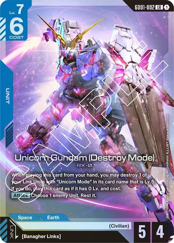 Unicorn Gundam (Destroy Mode) GD01-002 card from Newtype Rising