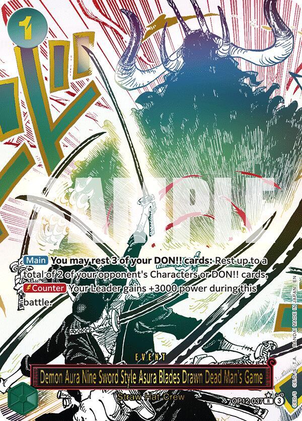 Demon Aura Nine Sword Style Asura Blades Drawn Dead Man's Game (Alternate Art) OP12-037 card from Legacy of the Master
