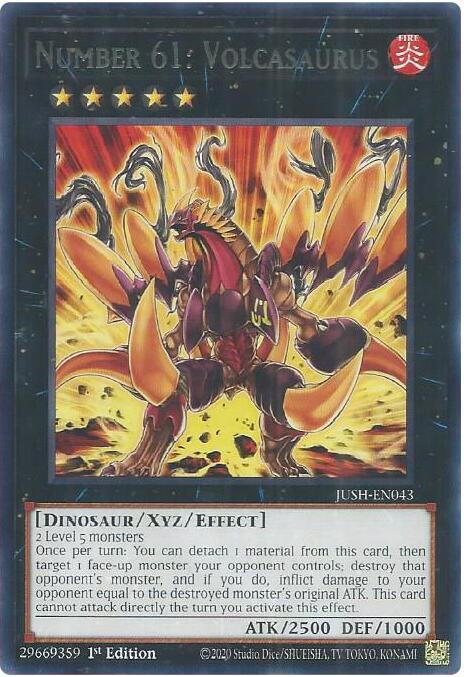 Number 61: Volcasaurus JUSH-EN043 card from Justice Hunters