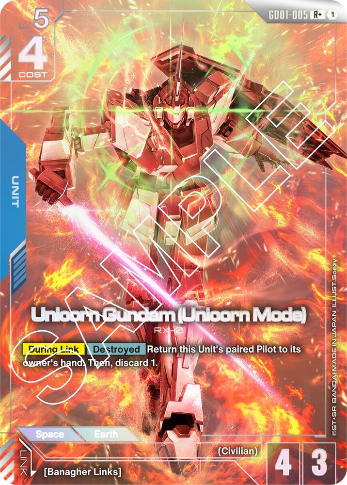 Unicorn Gundam (Unicorn Mode) (R+) GD01-005 card from Newtype Rising