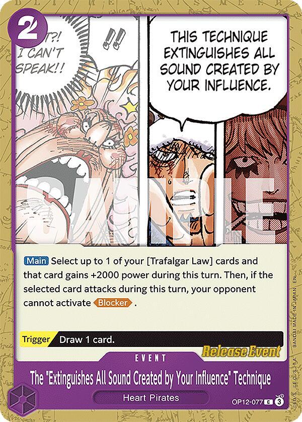 The "Extinguishes All Sound Created by Your Influence" Technique OP12-077 card from Legacy of the Master Release Event Cards