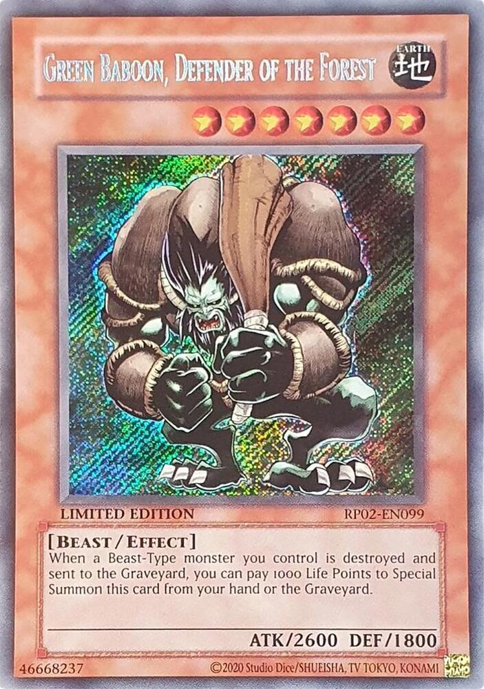 Green Baboon, Defender of the Forest RP02-EN099 card from Retro Pack 2 (2020 Date Reprint)