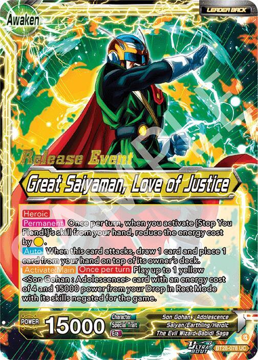 Son Gohan // Great Saiyaman, Love of Justice BT28-078 card from Prismatic Clash Release Event