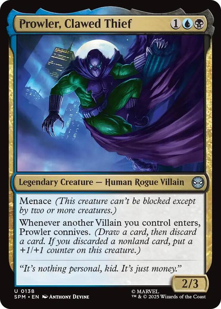 Prowler, Clawed Thief 138 card from Marvel's Spider-Man