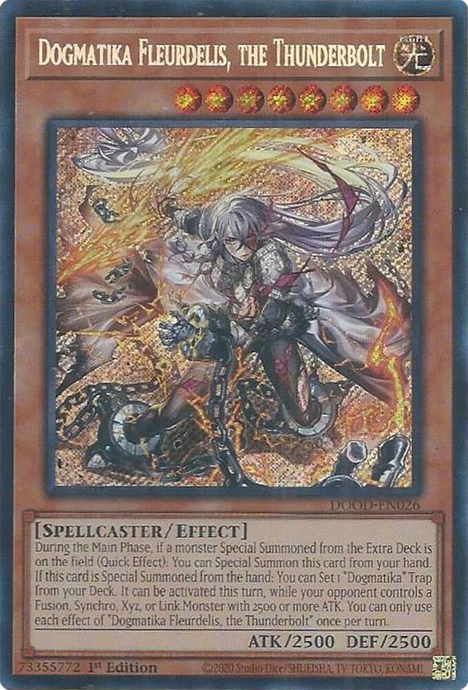 Dogmatika Fleurdelis, the Thunderbolt DOOD-EN026 card from Doom of Dimensions