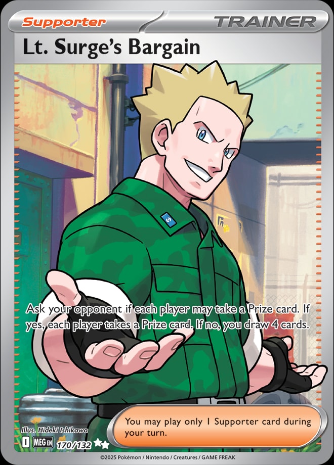 Lt. Surge's Bargain 170/132 card from ME01: Mega Evolution