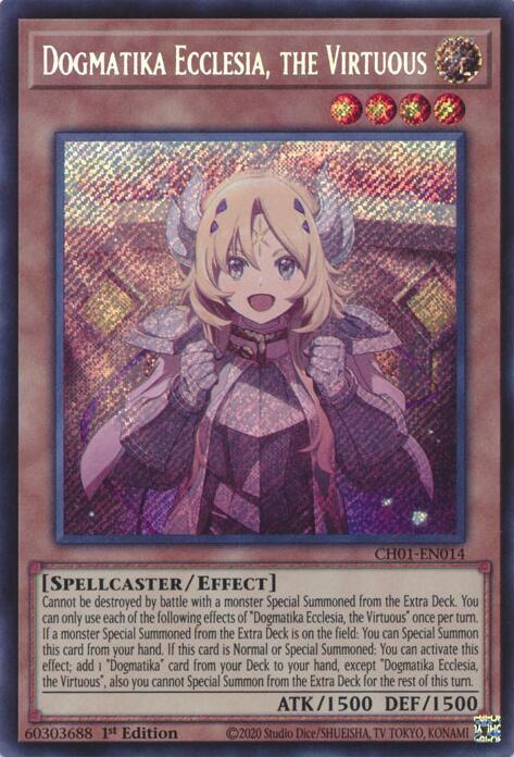 Dogmatika Ecclesia, the Virtuous (Secret Rare) CH01-EN014 card from THE CHRONICLES DECK: The Fallen & The Virtuous (All-Foil Edition)