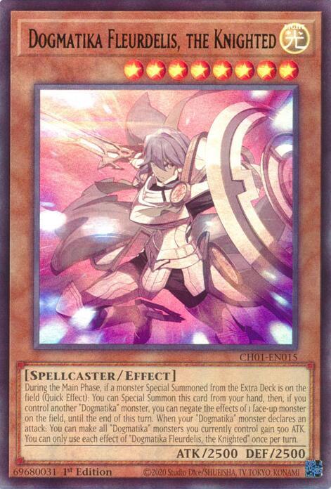 Dogmatika Fleurdelis, the Knighted CH01-EN015 card from THE CHRONICLES DECK: The Fallen & The Virtuous (All-Foil Edition)
