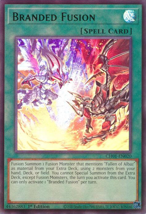 Branded Fusion CH01-EN020 card from THE CHRONICLES DECK: The Fallen & The Virtuous (All-Foil Edition)