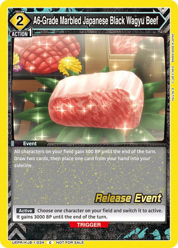 A6-Grade Marbled Japanese Black Wagyu Beef UEPR/KJ8-1-034 card from UE12BT: Kaiju No. 8 Release Event Cards