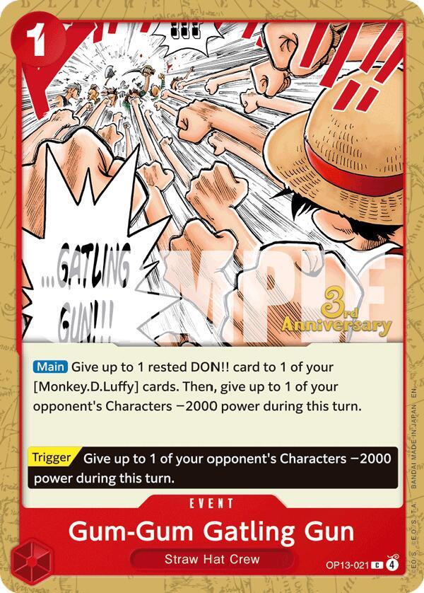 Gum-Gum Gatling Gun OP13-021 card from Carrying On His Will: 3rd Anniversary Tournament Cards