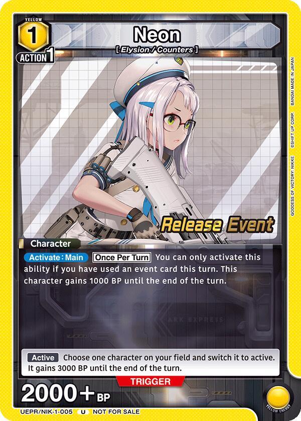 Neon UEPR/NIK-1-005 card from UE14BT: GODDESS OF VICTORY: NIKKE Release Event Cards