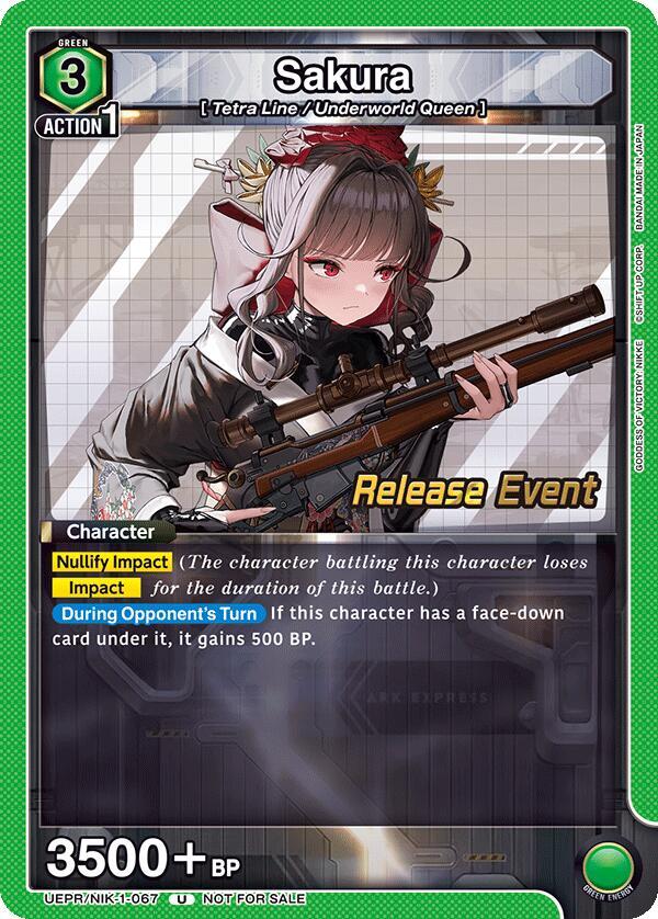 Sakura UEPR/NIK-1-067 card from UE14BT: GODDESS OF VICTORY: NIKKE Release Event Cards