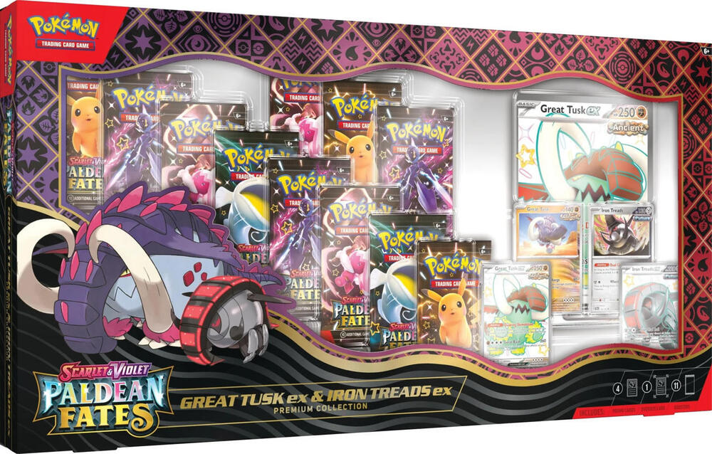 Paldean Fates Great Tusk ex & Iron Treads ex Premium Collection card from SV: Paldean Fates