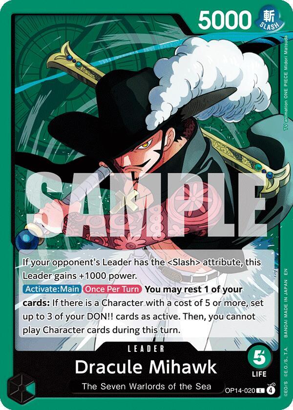 Dracule Mihawk OP14-020 card from The Azure Sea's Seven