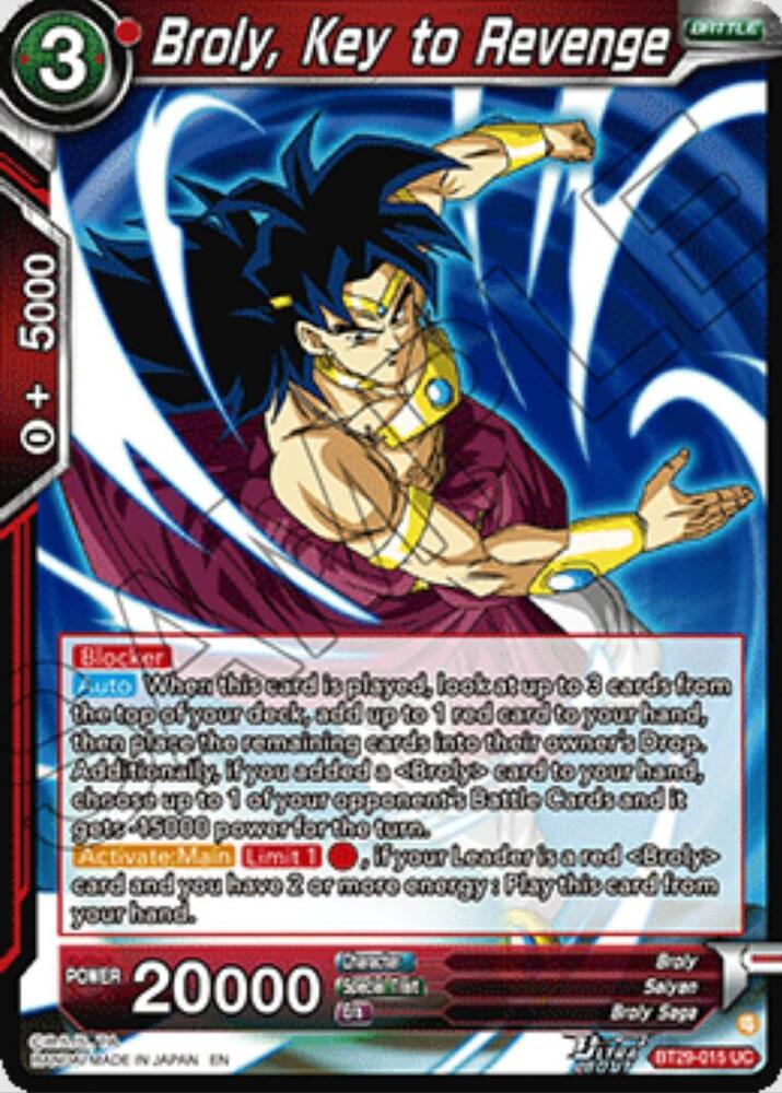 Broly, Key to Revenge BT29-015 card from Fearsome Rivals