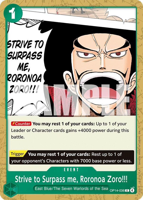 Strive to Surpass me, Roronoa Zoro!!! OP14-036 card from The Azure Sea's Seven