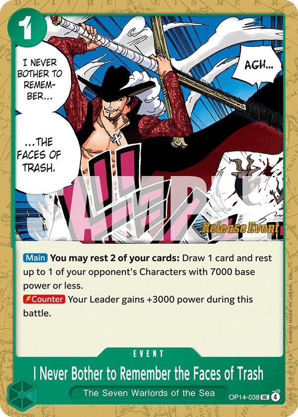 I Never Bother to Remember the Faces of Trash OP14-038 card from The Azure Sea's Seven Release Event Cards