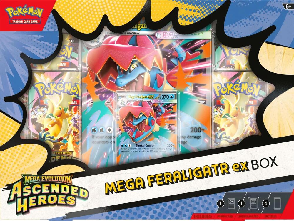 Ascended Heroes Mega Feraligatr ex Box card from ME: Ascended Heroes