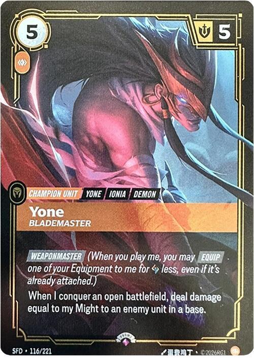 Yone - Blademaster 116/221 card from Riftbound Organized Play Promotional Cards
