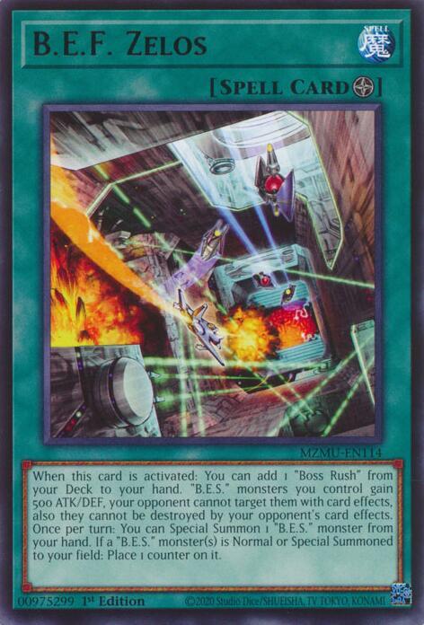 B.E.F. Zelos MZMU-EN114 card from Maze of Muertos